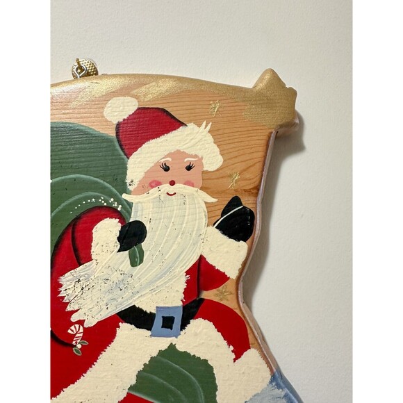 Vintage Handmade Wooden Santa Sign Christmas Hand Painted Kitschy Wood Signed - Picture 2 of 7